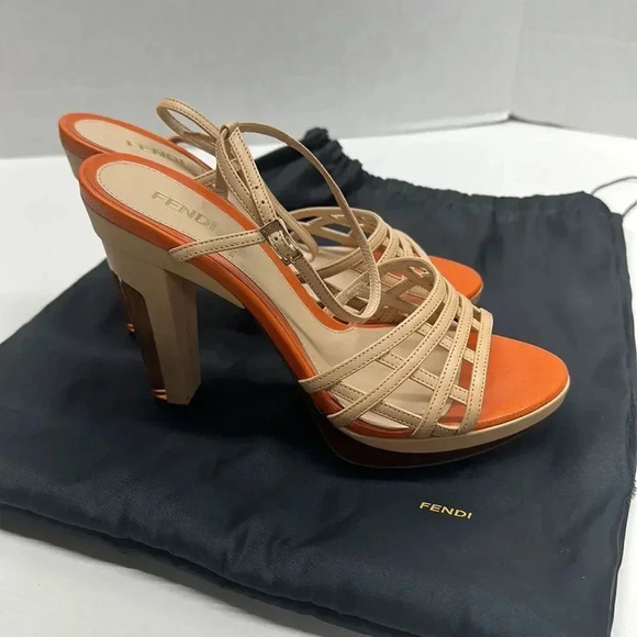 Fendi High Heel Pumps Shoes Ankle Strap Leather Designer Orange Tan Size 37 6.5 - Picture 3 of 14